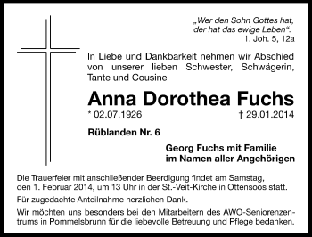 Traueranzeige von Anna Dorothea Fuchs von Pegnitz-Zeitung